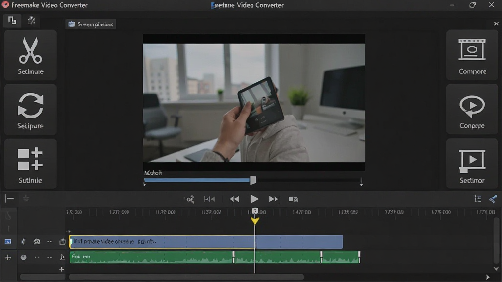 һ��չʾ Freemake Video Converter ���ñ༭���ܵ���дͼ����������������Ƶ�������棬��������Ϊ��ƵԤ��������ʱ���ᣬ��Χ�����ż�������ת���ϲ�����Ļ�ȹ���ͼ�꣬�Ű�������򣬷��Ϊ��ɫרҵ���߷磬ϸ����ͻ��ʱ�����ϵļ��������Ԥ�����棬�����������ɾ��޶���Ԫ�ء�