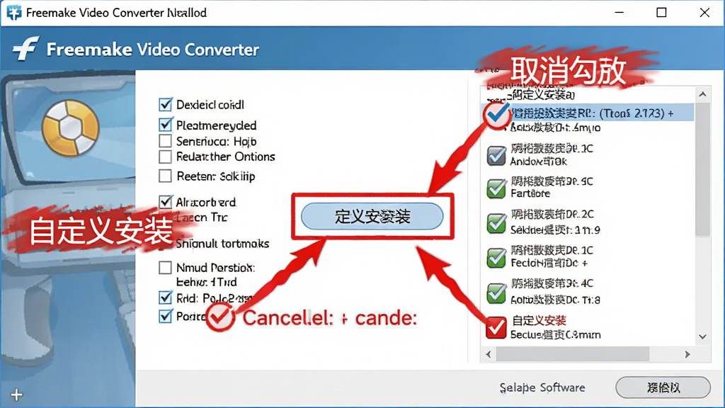 һ��չʾ Freemake Video Converter ��װ�򵼽���Ľ�ͼ�������ǰ�װѡ�ѡ�򣬲�������Ϊ�Զ��尲װ��ť�븽�������б�����Χ�к�ɫ��ʾ�����ȡ����ѡָʾ���Ű���ý̳̱�ע���ϸ����ͻ�����Զ��尲װ���롸ȡ����ѡ�����֣������������ɾ��޶���Ԫ�ء�