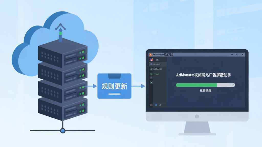 AdMonster视频网站广告屏蔽助手规则库更新示意图,画面展示云端服务器向电脑客户端传输数据包的场景,数据包上标注“规则更新”字样,电脑屏幕显示“AdMonster视频网站广告屏蔽助手”软件界面,界面中有更新进度条,背景为浅蓝色渐变,扁平化设计风格,干净整洁,高清画质