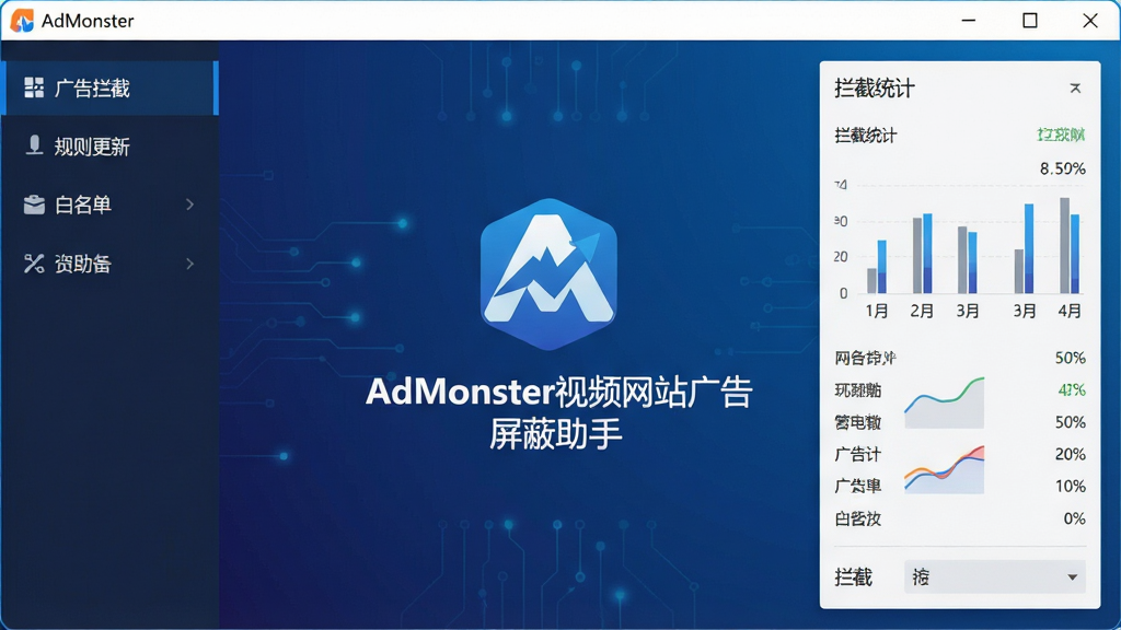 AdMonster视频网站广告屏蔽助手软件主界面截图,画面中央展示软件Logo与名称“AdMonster视频网站广告屏蔽助手”,背景为深蓝色渐变,左侧显示功能菜单栏包含广告拦截、规则更新、白名单等选项,右侧为拦截统计面板,整体风格简洁科技感,扁平化设计,干净无多余元素,高清画质