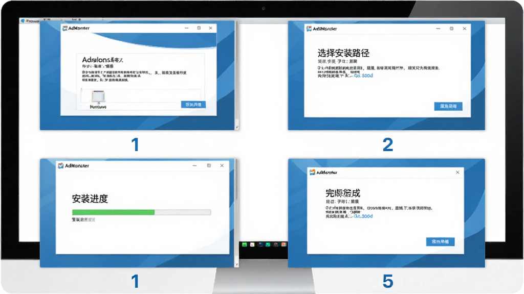 AdMonster视频网站广告屏蔽助手安装步骤示意图,画面展示电脑屏幕上安装向导的四个步骤截图,分别为欢迎界面、选择安装路径、安装进度条、完成界面,每个步骤下方标注序号,界面风格简洁清晰,配色为白色与蓝色,布局规整,干净无多余元素,高清画质