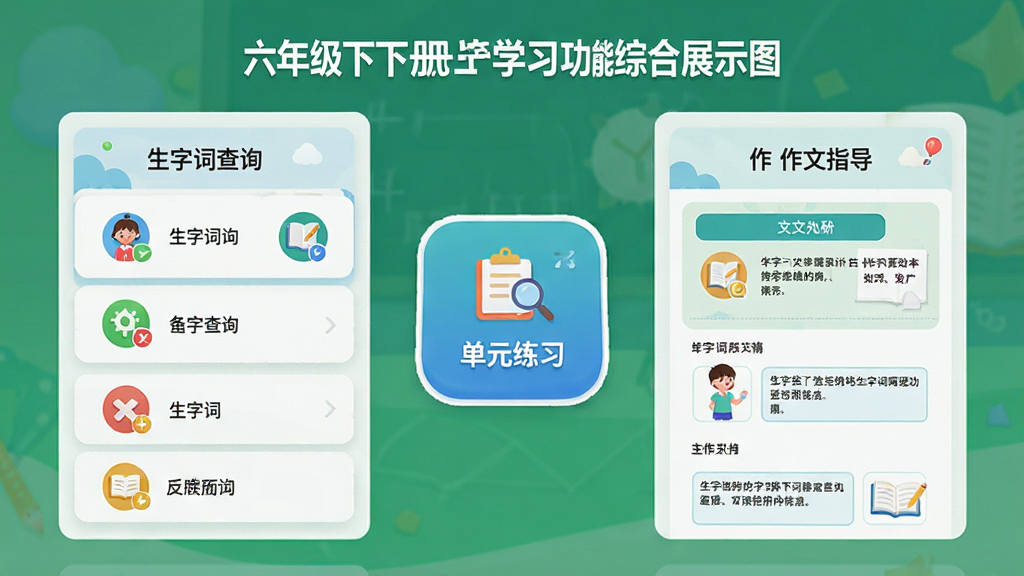 ���꼶�����²�APPѧϰ�����ۺ�չʾͼ��������������ִʲ�ѯ��Ƭ���Ҳ�������ָ��ҳ�棬�м��е�Ԫ��ϰ��ڰ�ť�����岼�ֲ��ÿ�Ƭʽ��ƣ���������죬ϸ�ڰ�����ɫͼ������������ֲ㼶�����ʸ��壬�ɾ��޶���Ԫ��