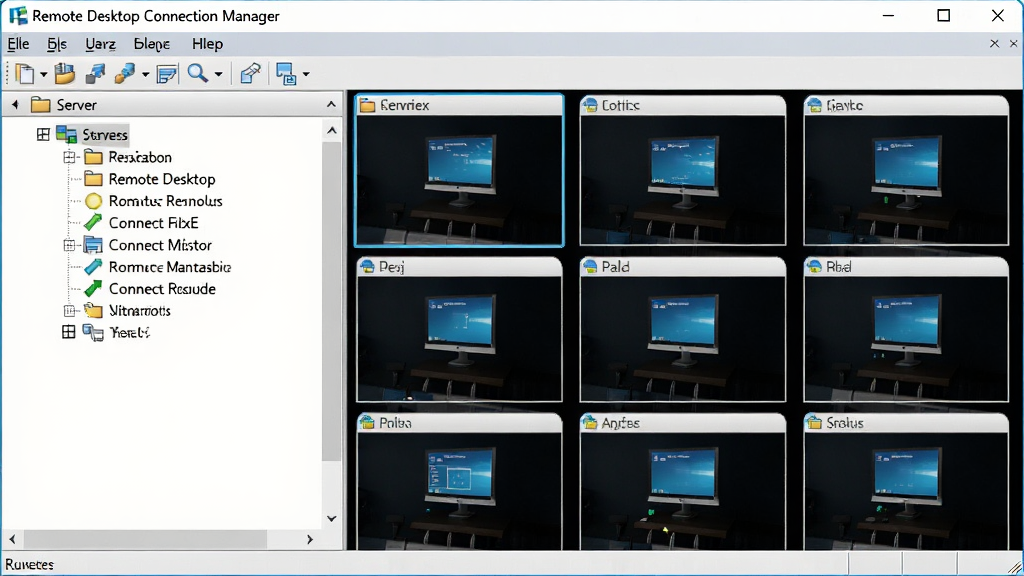 һ����������ȫ��ͼ������Ϊ Remote Desktop Connection Manager �������ڣ����չʾ���η����������б����Ҳ�Ϊ���Զ����������ͼԤ�����ڣ����ֲ��þ�������ʽ�ṹ���Ű��������룬���Ϊ�������Ƽ��磬ϸ�ڰ������ڱ�������������ͼ�ꡢ����ڵ㡢����״ָ̬ʾ�ƣ����ʸ��壬����ɾ����޶���Ԫ��
