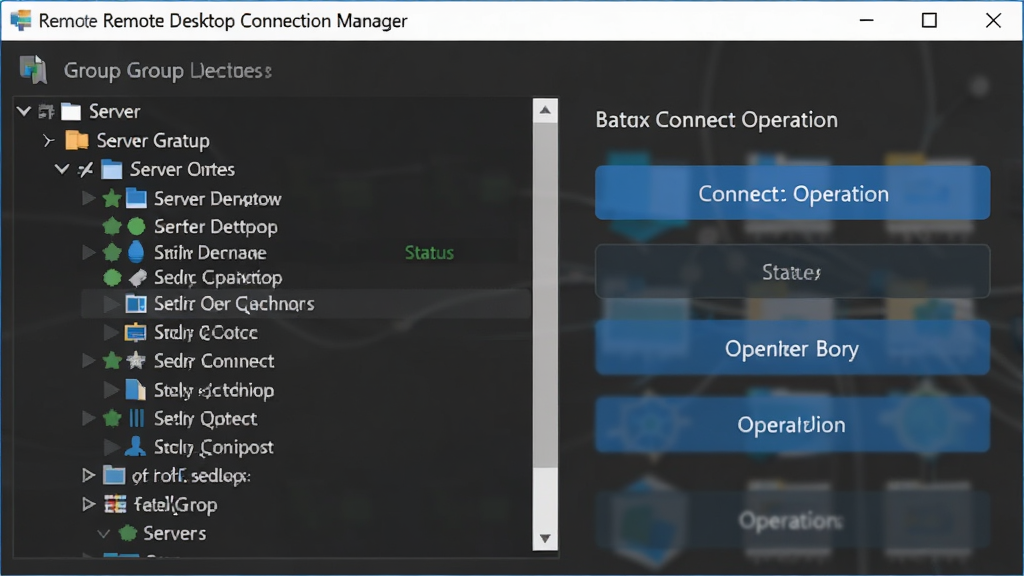 һ���������ܳ���ͼ������������ Remote Desktop Connection Manager �ķ��������壬������νṹ�б�ע�˶������������ڵ㣬�Ҳ���ʾ�������Ӳ�����ť�����岼�ֶԳƾ��⣬�Ű�ɾ����䣬���Ϊ�ִ���ƽ���Ƽ��磬ϸ�ڰ�������ͼ�ꡢ����״̬��ʶ��������ť����������������ɾ����޶���Ԫ��