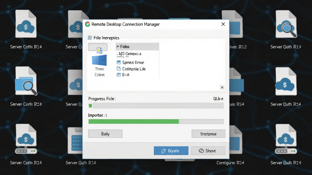 һ����������ʾ��ͼ������չʾ Remote Desktop Connection Manager �����õ��뵼�����ܽ��棬����Ϊ�ļ�ѡ��Ի���͵������������Χ�����ŷ����������ļ���ͼ��Ԫ�أ����ֲ��þ��жԳƽṹ���Ű������ˣ����Ϊ��ƽ������Ƽ��磬ϸ�ڰ����ļ�ͼ�ꡢ����ָʾ����ť�ؼ�����������������ɾ����޶���Ԫ��
