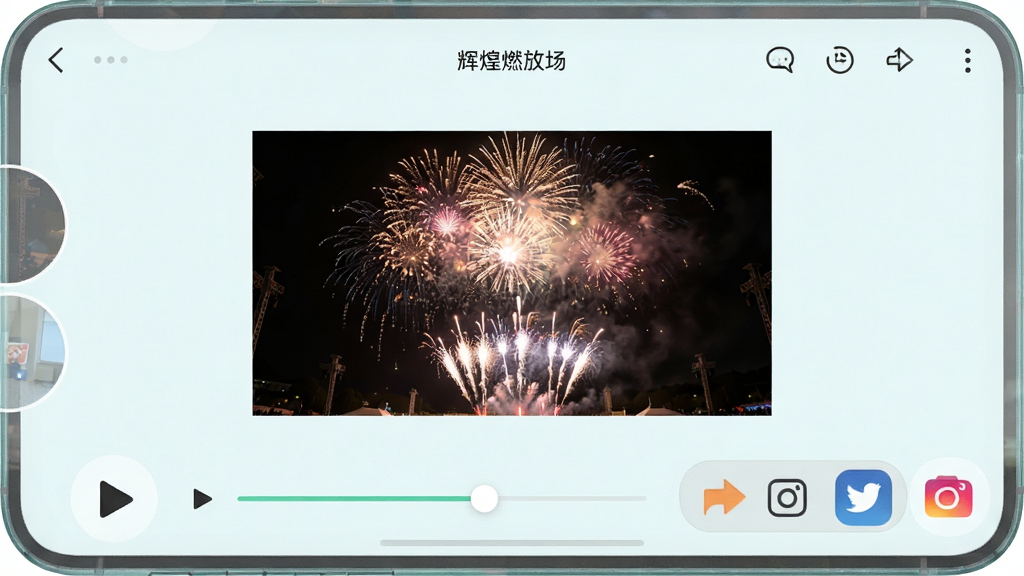 �Ի��̻�ȼ�ų� ¼���������棬����չʾ��ƵԤ���������ť������Ϊ�ֻ�����񣬷��Ϊ����ǳɫ��ϸ�ڰ������Ű�ť�����������罻ͼ�꣬�����������ɾ����޶���Ԫ��