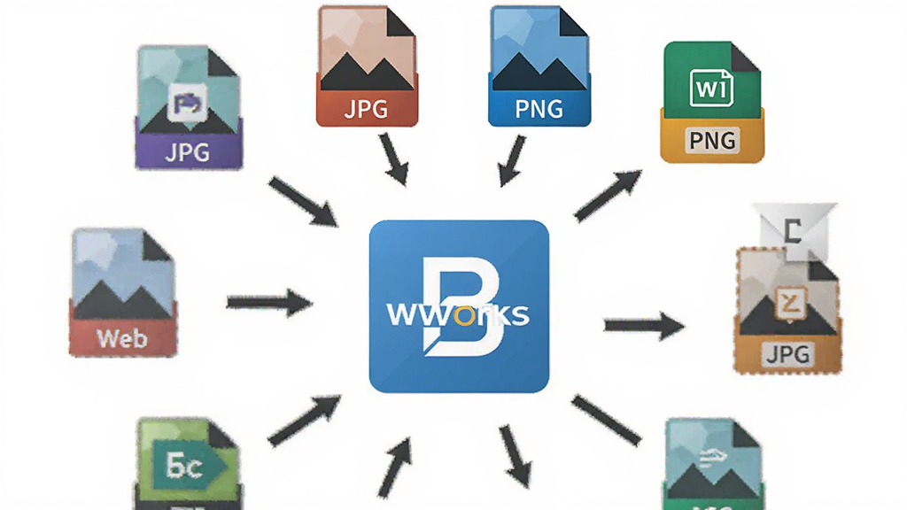 չʾBworks������ʽת�����ܵ�ʾ��ͼ�������Ƕ����ͬ��ʽ��ͼƬͼ��Χ��������־���У����ֳ�Բ�η���״�����Ϊ����ʸ��ͼ����ϸ�ڰ���JPG��PNG��WebP�ȸ�ʽ��ʶ��ת����ͷ�������������ɾ����޶���Ԫ�ء�