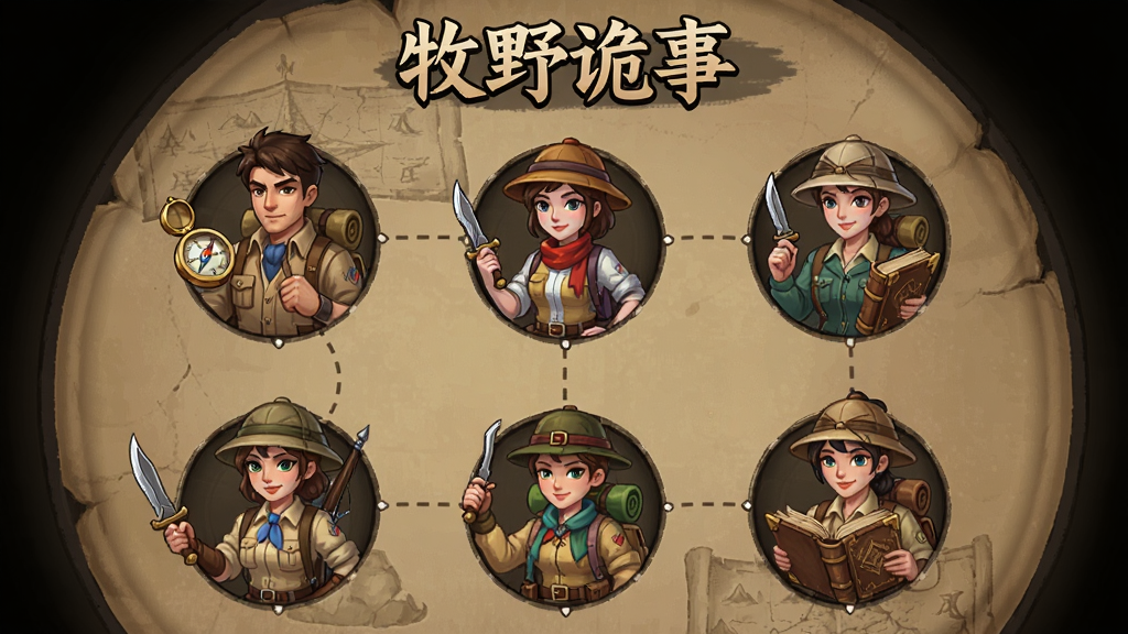 ����չʾһ��Բ�ν�ɫͼ�����棬��Χ��������λ��ͬװ���̽�ս�ɫͷ��������Ů�����Ÿ�ɫ̽�շ��Σ��ֲֳ�ͬ���������̡��̵����ż��ȣ�����Ϊ��ɫ������Ƥֽ������������Ϊ����ͼ���Ű棬��ɫ֮�����������ӣ������������������࣬��������������д�š���Ұ���¡�