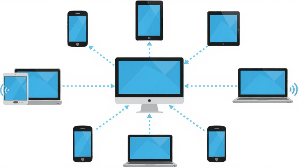 WIFI����������豸����ʾ��ͼ��������һ̨����λ������λ�ã���Χ�������ֻ���ƽ�塢�ʼǱ��ȶ����豸ͼ�꣬�豸֮���õ���ɫ�������ӣ����岼�ֳʷ���״������Լ��ƽ����ϸ�����������ʸɾ�������Ϊ����ɫ���޶���Ԫ��
