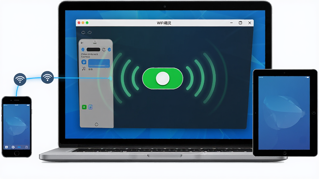 WIFI��������һ�������ȵ㹦��չʾͼ����������Ϊһ̨�ʼǱ�������Ļ��ʾ�������棬��Ļ����һ����Ŀ����ɫ���ذ�ť����ť��Χ�������źŲ�����ɢЧ��������ͼ��ӵ����������ֻ���ƽ�壬���־��жԳƣ����Ƽ���ʮ�㣬ϸ�����������ʸɾ����޶���װ��