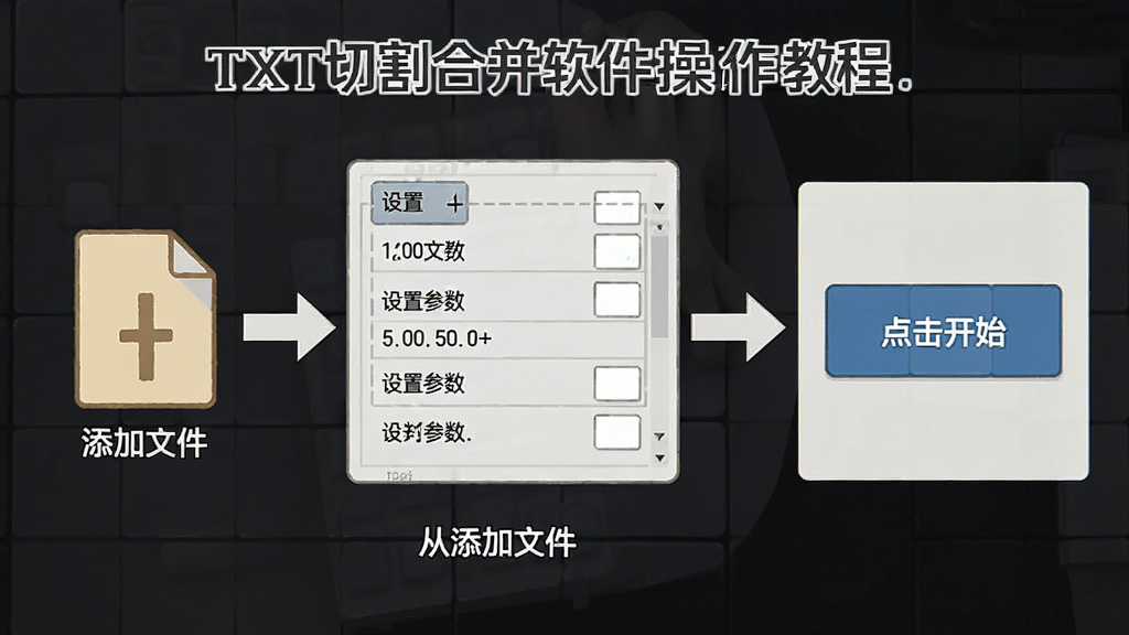 TXT切割合并软件操作教程示意图,画面展示从添加文件到设置参数再到点击开始按钮的完整流程,界面标注清晰,风格扁平化教学图示,画质干净,无多余元素