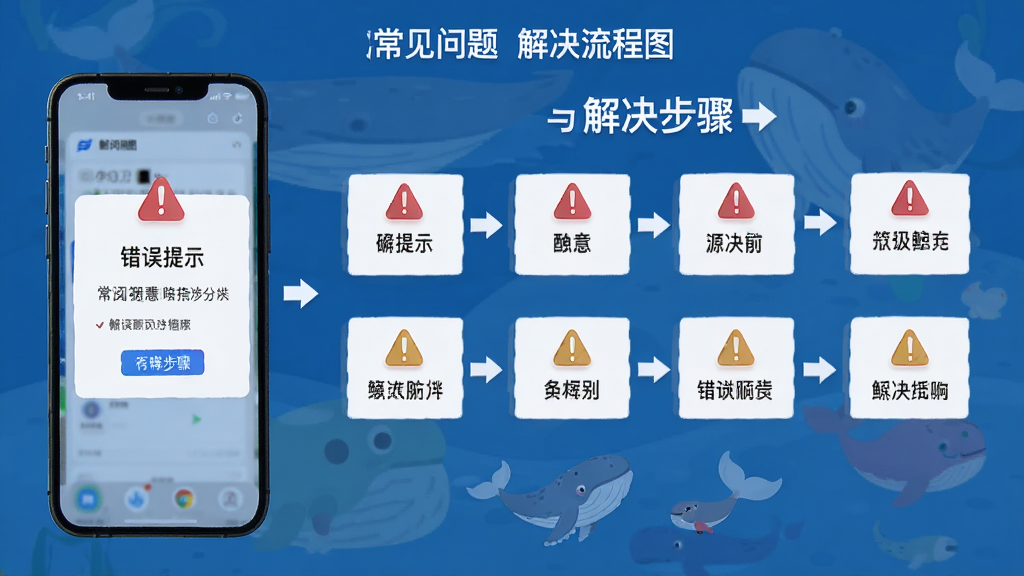 鲸阅图 常见问题解决流程图,主体为手机屏幕显示错误提示与解决步骤,布局为分步图示,排版条理清晰,风格扁平化,细节包括警告图标与操作箭头,画质高清,干净,无多余元素