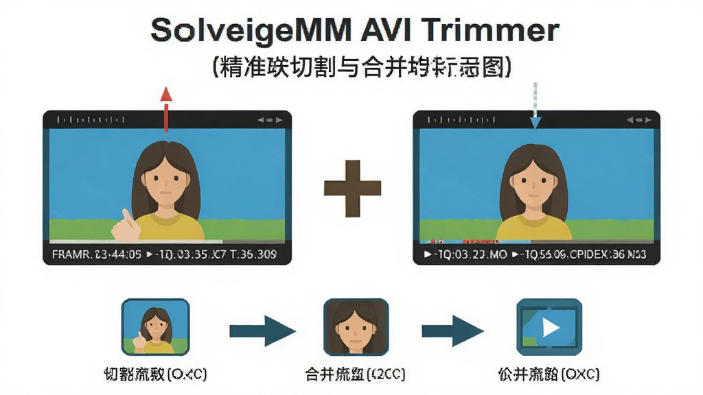 SolveigMM AVI Trimmer ��׼�и���ϲ�����ʾ��ͼ������Ϊ������ƵƬ��ͨ���Ӻ����Ӻϲ�Ϊһ���ļ��������Ϸ���ʾ�и��ǡ��·���ʾ�ϲ����̣��Ű����ҷֲ������Ϊ��ƽ��ͼ����ƣ�ϸ�ڰ���ʱ���롢֡����ʾ����ͷָʾ�����ʸ��壬�ɾ����޶���Ԫ��