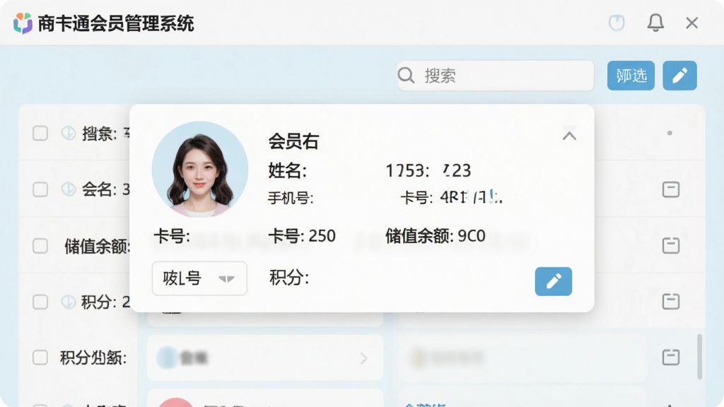 商卡通会员管理系统会员信息管理界面,画面展示一个虚拟的会员档案卡片,卡片上有会员头像、姓名、手机号、卡号、储值余额、积分等字段,背景是整洁的列表视图,风格清新浅色,细节包括搜索框、筛选按钮、编辑图标,画质清晰,干净,无多余元素