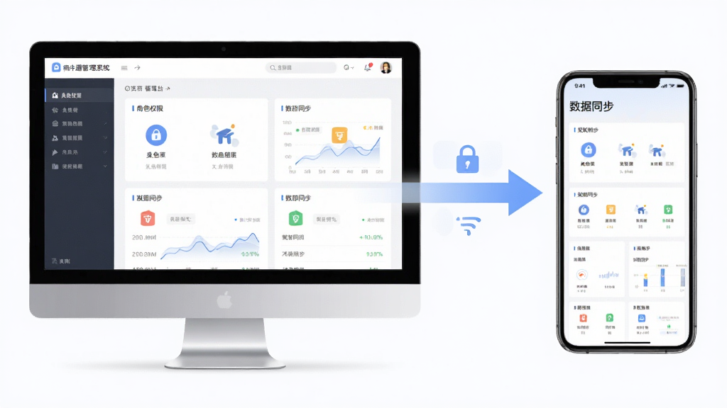 商卡通会员管理系统多端协同示意图,画面左侧是电脑屏幕显示管理后台,右侧是手机屏幕显示移动端数据看板,中间有同步箭头连接,风格清爽素雅,细节包括角色权限图标、数据同步标识,画质清晰,干净,无多余元素