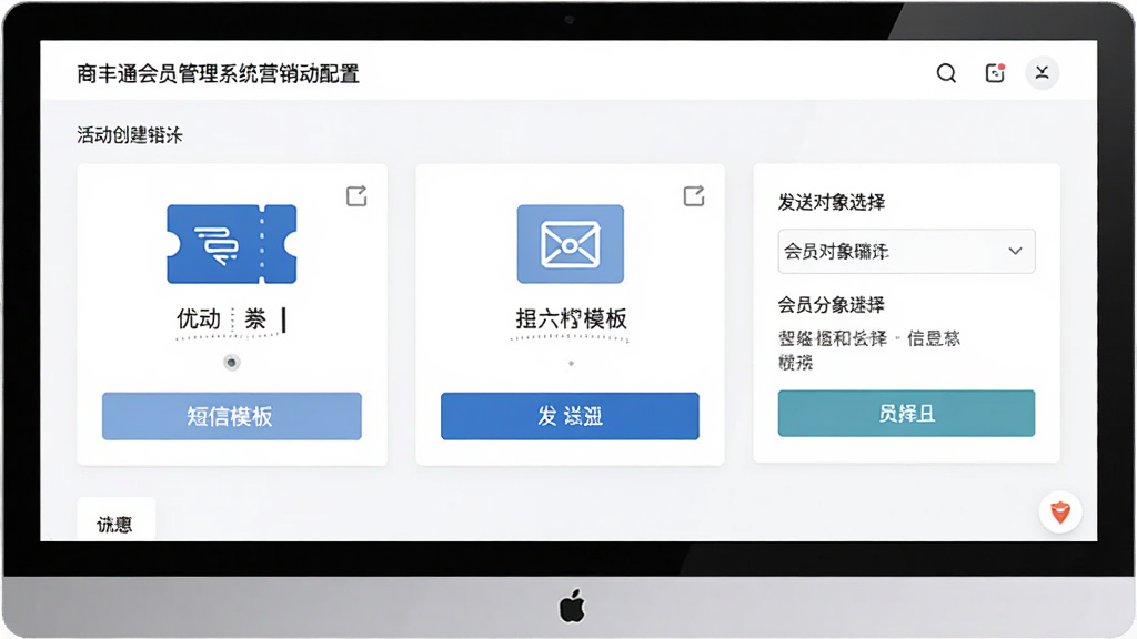 商卡通会员管理系统营销活动配置界面,画面展示一个活动创建页面,包含优惠券图标、短信模板、发送对象选择等模块,风格简约商务,细节包括日历选择器、发送按钮、会员分组标签,画质清晰,干净,无多余元素