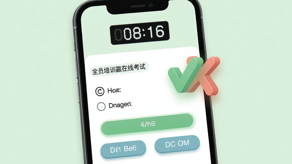 全员培训赢在线考试界面,手机屏幕显示单选题与选项按钮,屏幕上方有倒计时数字,背景为淡绿色,画面中漂浮一个对勾与叉号组合的图标,风格清爽整洁,细节上按钮有圆角与轻微阴影,画质高清,干净无多余元素