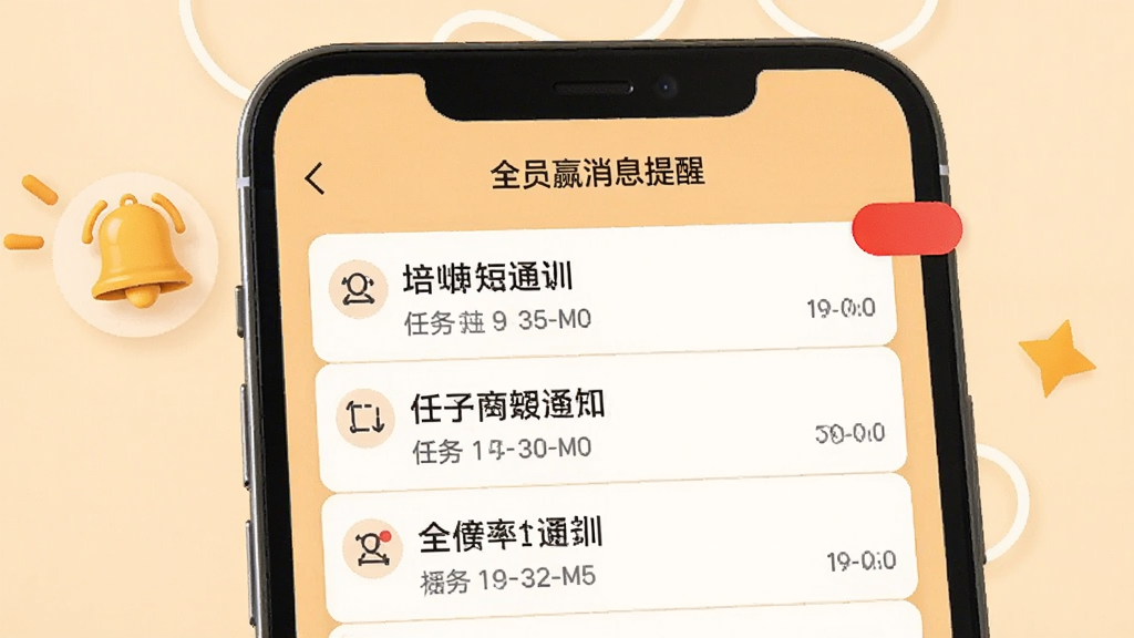 全员培训赢消息提醒界面,手机屏幕显示任务通知列表与红色角标,背景为浅橙色,画面左侧有一个铃铛图标,风格温暖明快,细节上通知条目有分隔线与时间戳,画质清晰,干净无多余元素
