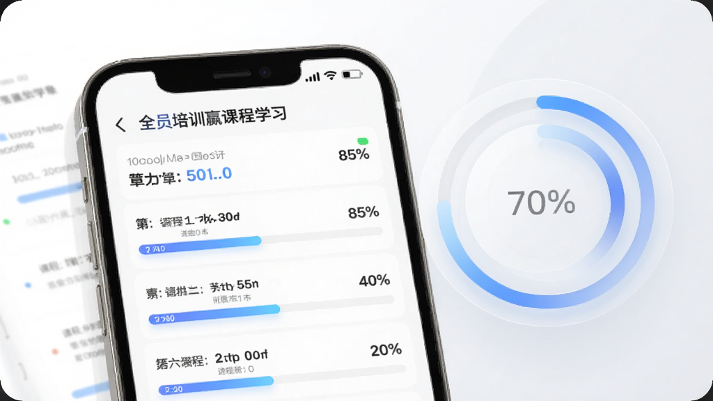 全员培训赢课程学习界面,手机屏幕显示课程章节列表与进度百分比,画面右侧漂浮一个半透明的进度环图标,背景为白色与浅灰搭配,风格简约现代,细节上进度条有蓝色渐变填充,画质清晰,干净无多余元素