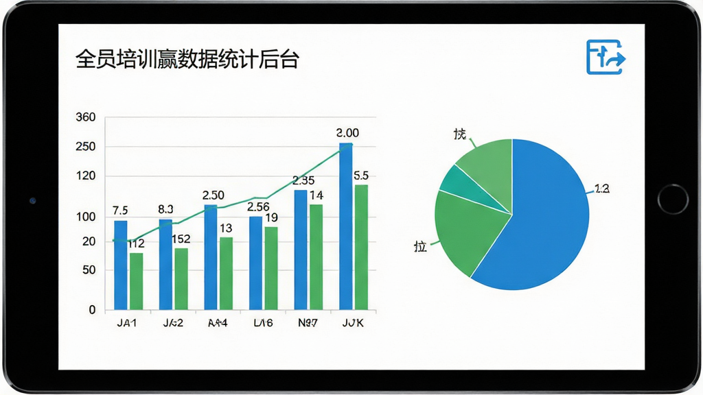 全员培训赢数据统计后台,平板电脑横屏显示柱状图与饼图,图表颜色为蓝绿相间,背景为白色,画面右上角有导出按钮图标,风格商务专业,细节上图表有数据标签与网格线,画质高清,干净无多余元素