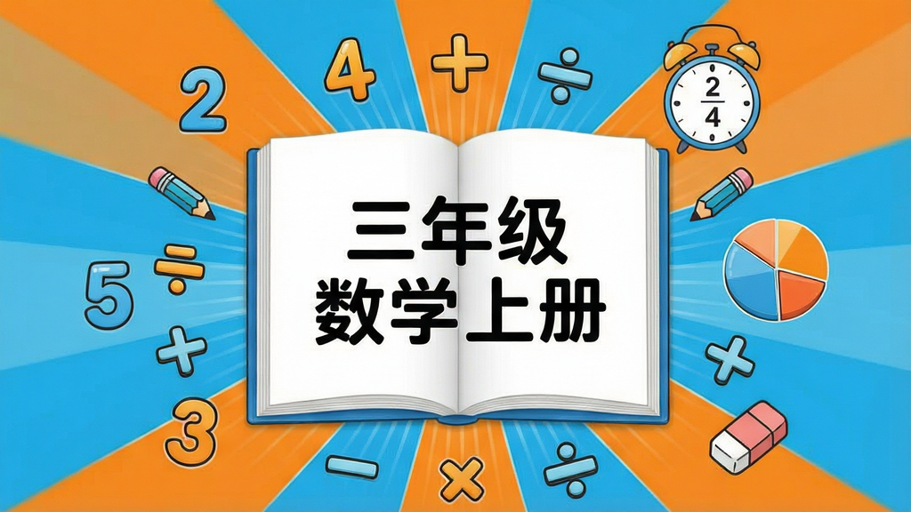 一张展示三年级数学上册软件主界面的图片,画面中央是一本翻开的电子课本,课本页面上写着“三年级数学上册”几个大字,周围环绕着数字、加减乘除符号、时钟和分数圆饼图等数学元素,整体布局采用中心辐射式排版,风格清新明快,色彩以蓝色和橙色为主,细节处有铅笔和橡皮擦的卡通图案点缀,画质清晰,画面干净,无多余元素