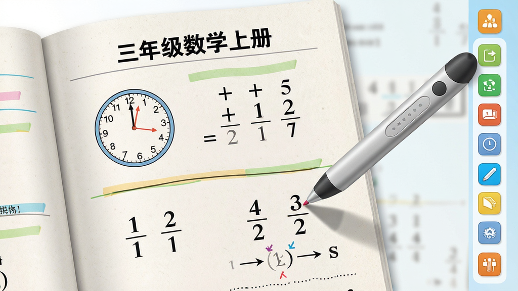 一张展示三年级数学上册电子课本页面的图片,画面中是一页翻开的数学课本,页面上方标题写着“三年级数学上册”,页面内有时钟图、加法竖式和分数示意图,课本右侧有一支点读笔正在点击页面,画面布局为左右分栏,左侧是课本内容,右侧是点读笔和工具栏,风格为写实教育类插画,细节包括课本纸张纹理和彩色标注线,画质高清,干净整洁,无多余元素