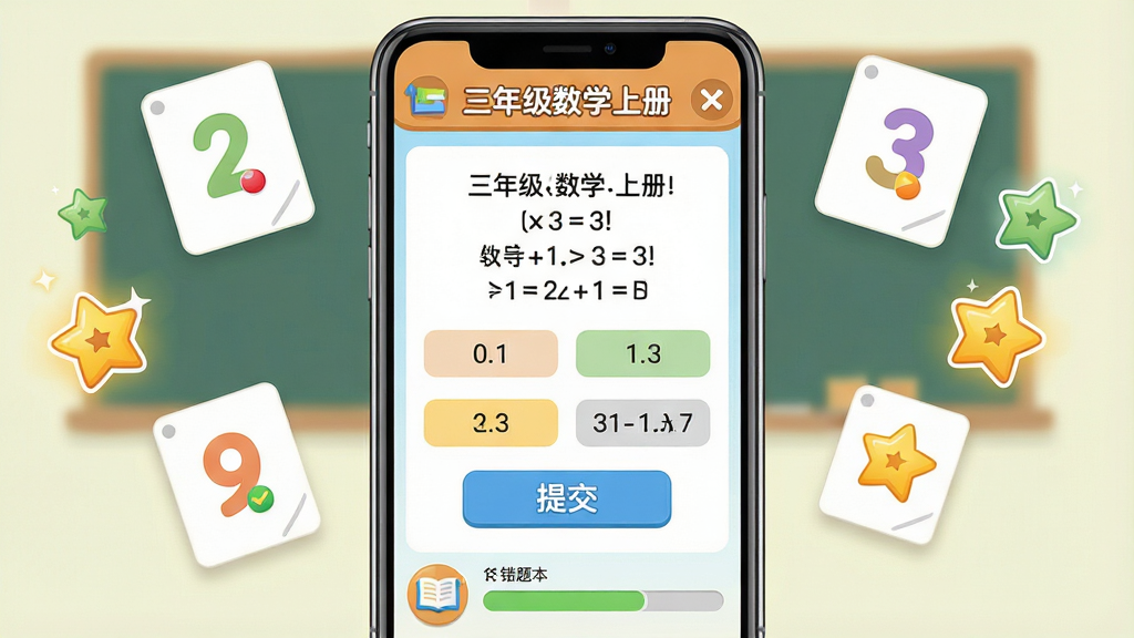 一张展示三年级数学上册软件练习界面的图片,画面中是一部手机屏幕,屏幕上显示着一道三年级数学应用题,题目下方有选项按钮和提交按钮,屏幕上方有“三年级数学上册”文字标识,周围漂浮着数字卡片和星星奖励图标,布局为居中展示,风格为扁平化UI设计,色彩明亮活泼,细节包括错题本图标和进度条,画质清晰,画面干净,无多余元素