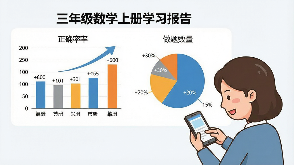 一张展示三年级数学上册学习报告页面的图片,画面中是一张数据统计图表,图表上方写着“三年级数学上册学习报告”,图表包括柱状图和饼图,显示正确率和做题数量,旁边有一个家长卡通形象正在查看手机,布局为上下结构,上方是图表下方是家长,风格为简约商务风,细节包括数据标签和趋势箭头,画质清晰,画面干净,无多余元素