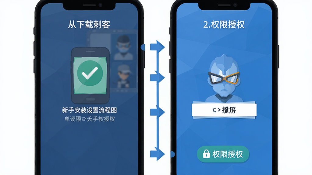 单词刺客 新手安装设置流程图,画面以手机屏幕截图形式展示从下载到权限授权的四个步骤,布局为纵向时间轴排列,风格为扁平化UI示意图,细节包含勾选图标与箭头指示,画质高清 干净 无多余元素