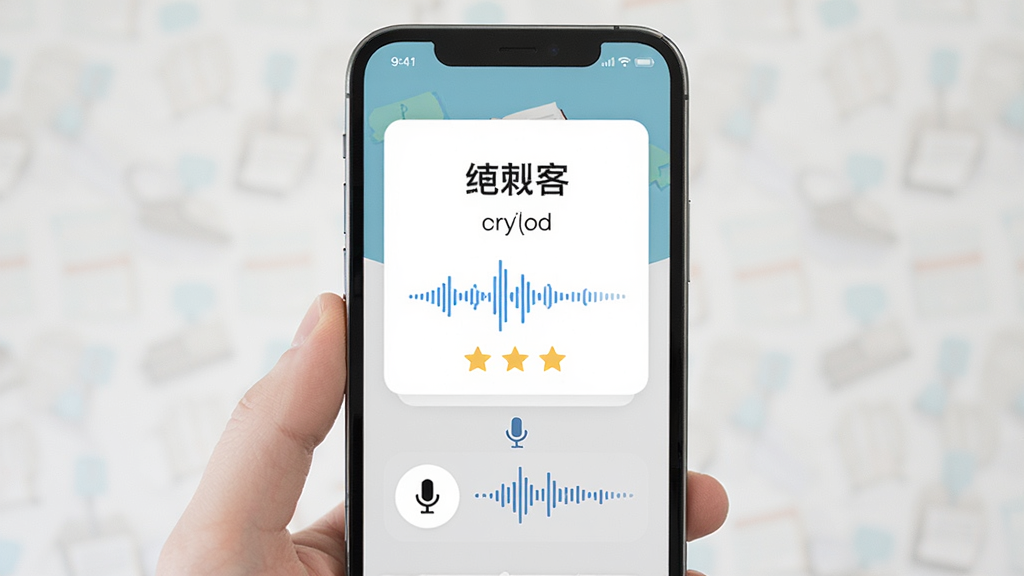 单词刺客 真人发音与跟读功能界面,画面中手机屏幕显示单词与音标,下方有麦克风图标与声波波形,布局为居中卡片式设计,风格为清新扁平化,细节包含声波动态效果与评分星级,画质高清 干净 无多余元素
