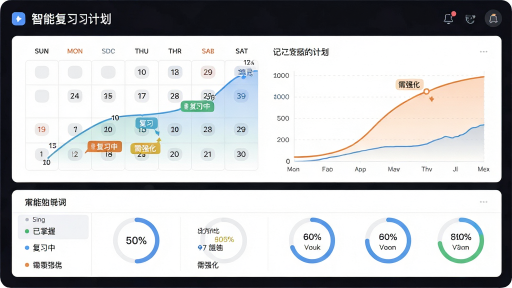 单词刺客 智能复习计划界面,画面中央为日历表与记忆曲线图,图表上用不同颜色标注已掌握、复习中、需强化三类单词,布局为上下分区上方曲线图下方单词列表,风格为现代简约数据可视化,细节包含百分比数值与进度圆环,画质高清 干净 无多余元素