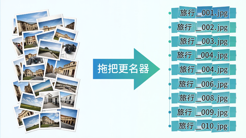 一张展示批量序号命名效果的示意图,画面左侧是排序混乱的照片文件列表,右侧是整齐排列的