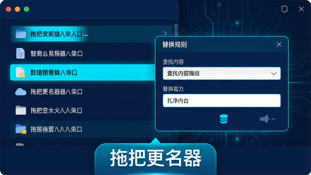 一张展示文本替换功能的界面示意图,画面中文件名列表里带有杂乱后缀的文件名被高亮标出,旁边弹出替换规则设置框,显示查找内容和替换内容,最终效果是文件名变得干净统一,画面中带