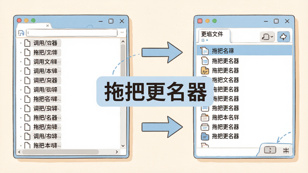 一张展示调用文本文件命名功能的示意图,画面左侧是一个记事本窗口里面按行写着文件名列表,右侧是拖把更名器界面中文件被依次重命名,中间有连接箭头,画面中带