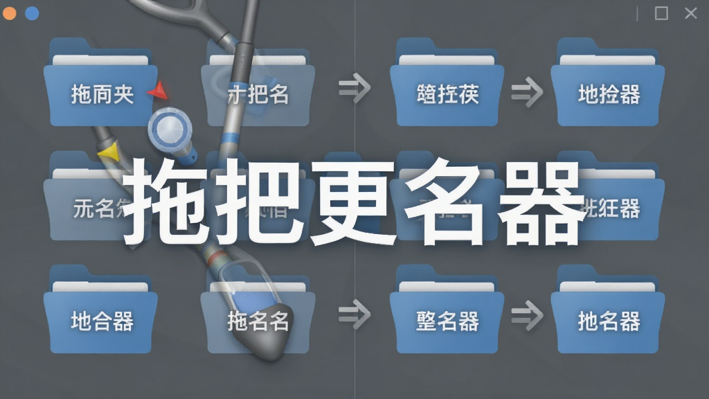一张展示文件夹批量改名功能的示意图,画面中多个文件夹图标从名称混乱状态变为整齐排列状态,文件夹上显示名称变化前后对比,画面中带