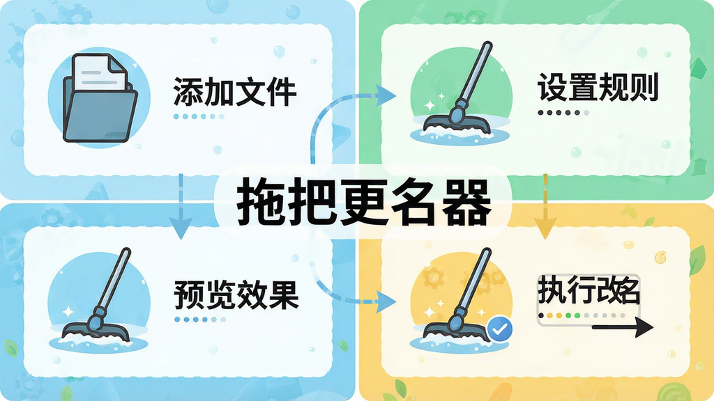一张展示拖把更名器新手操作流程的步骤图,画面分为四个步骤区域,分别是添加文件、设置规则、预览效果、执行改名,每个步骤配有简洁图标和文字说明,画面中带