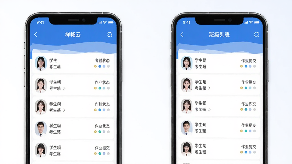 祥畅云教师班级管理功能界面示意图,画面以蓝色和白色为主色调,展示手机端班级列表页面,包含学生姓名、考勤状态图标和作业提交标记,布局规整,风格简洁商务,细节清晰,画质干净,无多余元素