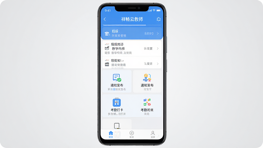 一张安卓手机屏幕正面展示祥畅云教师应用主界面的产品展示图,画面中央是手机,手机屏幕上显示蓝色调的教学管理应用界面,包含班级列表、通知发布和考勤打卡等功能模块图标,背景为浅灰色渐变,整体风格简洁清爽,构图居中对称,细节清晰,画质干净,无多余元素