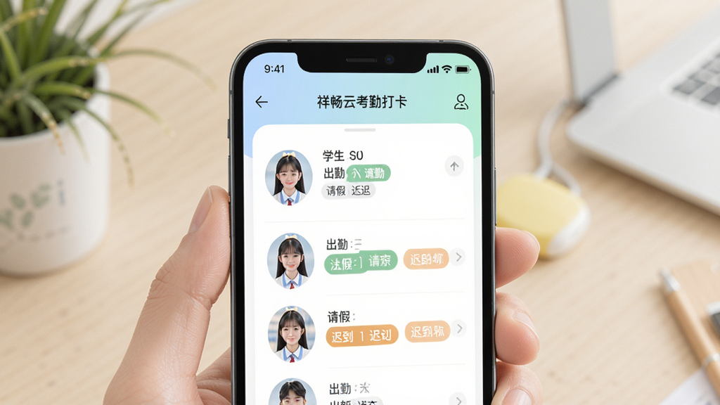 祥畅云教师考勤打卡功能界面展示图,画面中手机屏幕显示考勤记录页面,包含学生头像列表和出勤、请假、迟到三种状态标签,界面配色柔和清新,布局清晰,风格现代简约,细节丰富,画质干净,无多余元素
