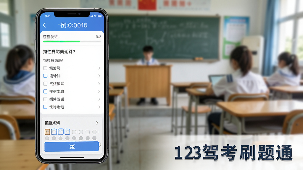 一部手机横屏展示模拟考试界面,顶部有倒计时和进度条,中间是题目和选项,底部有答题卡,手机旁边有