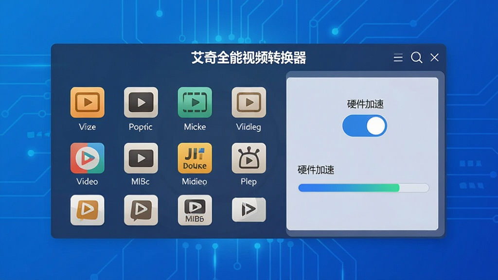 软件功能展示图,画面中央为“艾奇全能视频转换器”的格式选择面板,左侧列出一排视频格式图标,右侧展示硬件加速开关与进度条,背景为科技蓝渐变,风格为扁平化设计,细节清晰,画质高清,干净,无多余元素