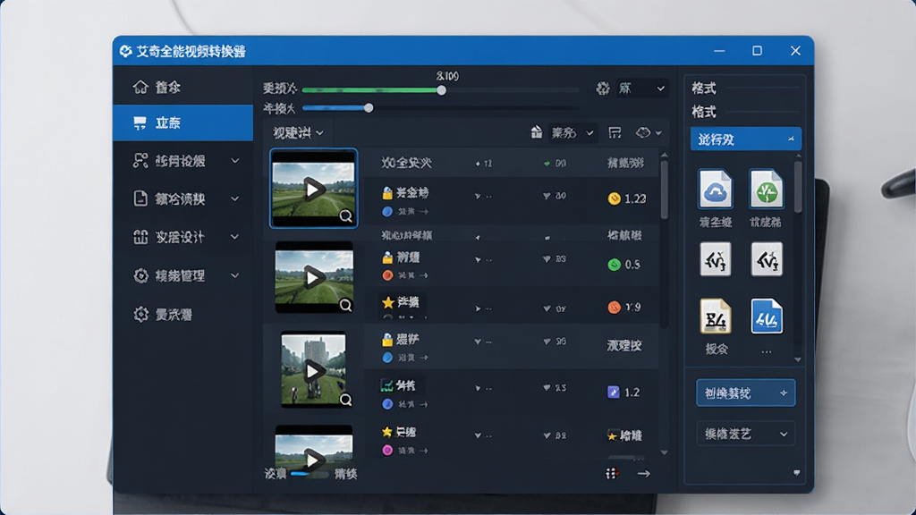软件主界面全景图,中央展示“艾奇全能视频转换器”软件窗口,窗口内左侧为功能导航栏,右侧为视频文件列表与格式选择区域,界面采用深色与蓝色搭配,干净简洁,布局清晰,风格为现代软件UI截图,细节包含进度条、转换按钮、格式图标,画质高清,干净,无多余元素