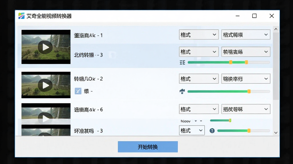 软件批量转换界面图,画面中“艾奇全能视频转换器”窗口内排列着多个视频文件条目,每个条目右侧有独立的格式下拉菜单与进度显示,底部有开始转换按钮,整体界面采用浅色主题,风格为简洁的软件管理界面,细节清晰,画质高清,干净,无多余元素