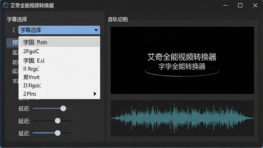 软件字幕与音轨设置图,展示“艾奇全能视频转换器”的字幕选择下拉菜单与音轨切换选项,界面内包含字幕预览区域与音频波形示意,背景为深灰色,风格为专业软件设置面板,细节包含字体、字号、延迟调节项,画质高清,干净,无多余元素