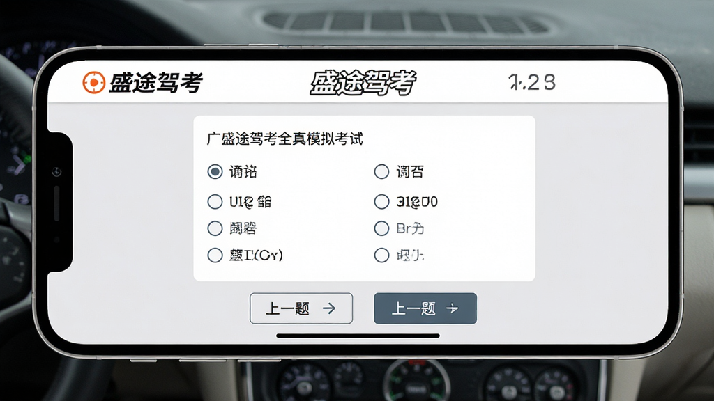 盛途驾考全真模拟考试界面,手机横屏显示考试答题卡,顶部有倒计时和“盛途驾考”标识,屏幕中央为单选题题干和选项,底部有上一题下一题按钮,背景为白色与浅灰色搭配,风格严肃正规,画质高清,无杂乱元素