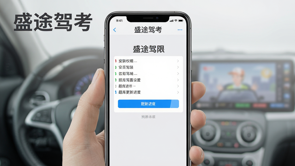 盛途驾考新手操作指引图,手机屏幕展示安装权限设置界面和题库更新进度条,画面中有“盛途驾考”文字标识,背景为浅灰色,界面元素清晰,风格简洁实用,画质干净,无多余元素