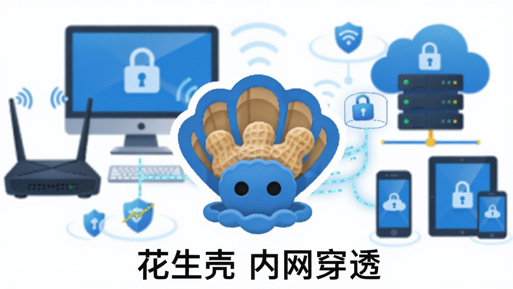 一张展示花生壳软件核心功能的合成图,画面中央是花生壳的蓝色贝壳状Logo,背景左侧是家庭路由器与电脑显示器,右侧是云服务器与手机、平板设备,中间用发光的蓝色数据线连接,形成内网到公网的穿透示意,整体风格为扁平科技感,细节包括网络信号波纹、锁形安全图标,画质清晰干净,无多余元素,图片中文字标注“花生壳 内网穿透”