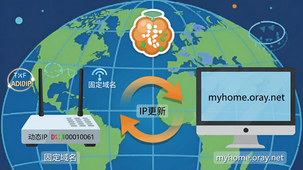 花生壳动态域名解析概念图,画面左侧是一台不断变化IP地址的路由器,右侧是一台固定显示“myhome.oray.net”的电脑,中间有旋转箭头表示IP更新,花生壳Logo位于中央上方,背景有地球经纬线元素,风格为扁平插画,细节包括“动态IP”“固定域名”文字标签,画质清晰,无多余装饰