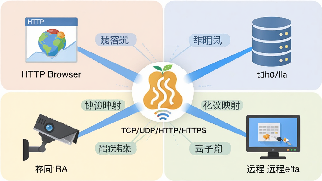 花生壳多协议映射示意图,画面分为四个象限,左上角是HTTP浏览器图标,右上角是数据库圆柱体图标,左下角是摄像头图标,右下角是远程桌面显示器图标,四个图标都通过蓝色光线汇聚到中央的花生壳Logo,Logo下方有“TCP/UDP/HTTP/HTTPS”文字,整体风格为信息图表式,色彩柔和,细节包括协议名称标签,画质高清,干净无杂物