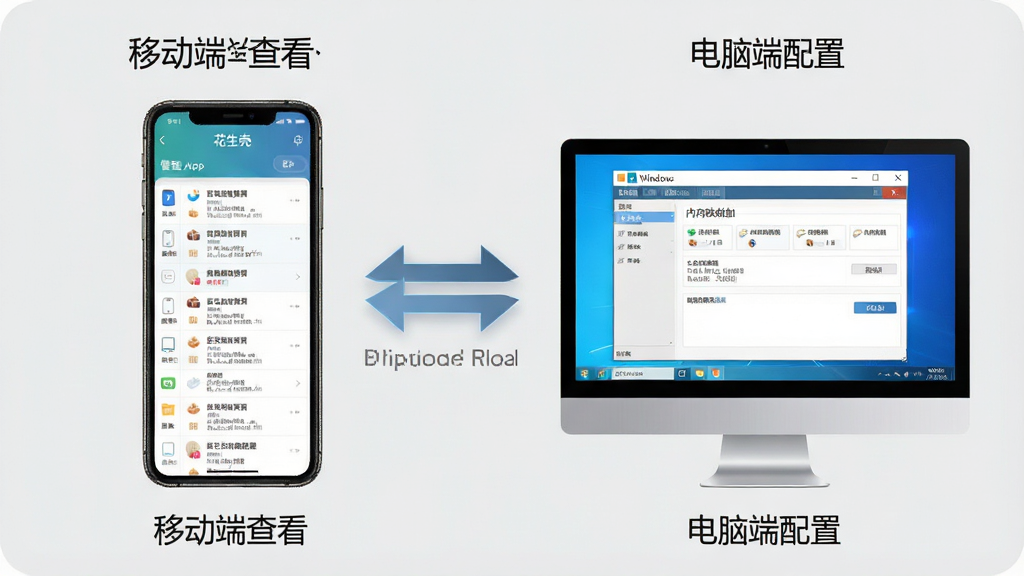 花生壳移动端与电脑端对比示意图,画面左侧是手机屏幕显示花生壳管理App的映射列表界面,右侧是电脑屏幕显示花生壳Windows客户端的内网映射添加界面,中间有双向箭头表示数据同步,背景为浅灰色,风格为UI展示图,细节包括“移动端查看”“电脑端配置”文字标签,画质清晰,干净无杂乱